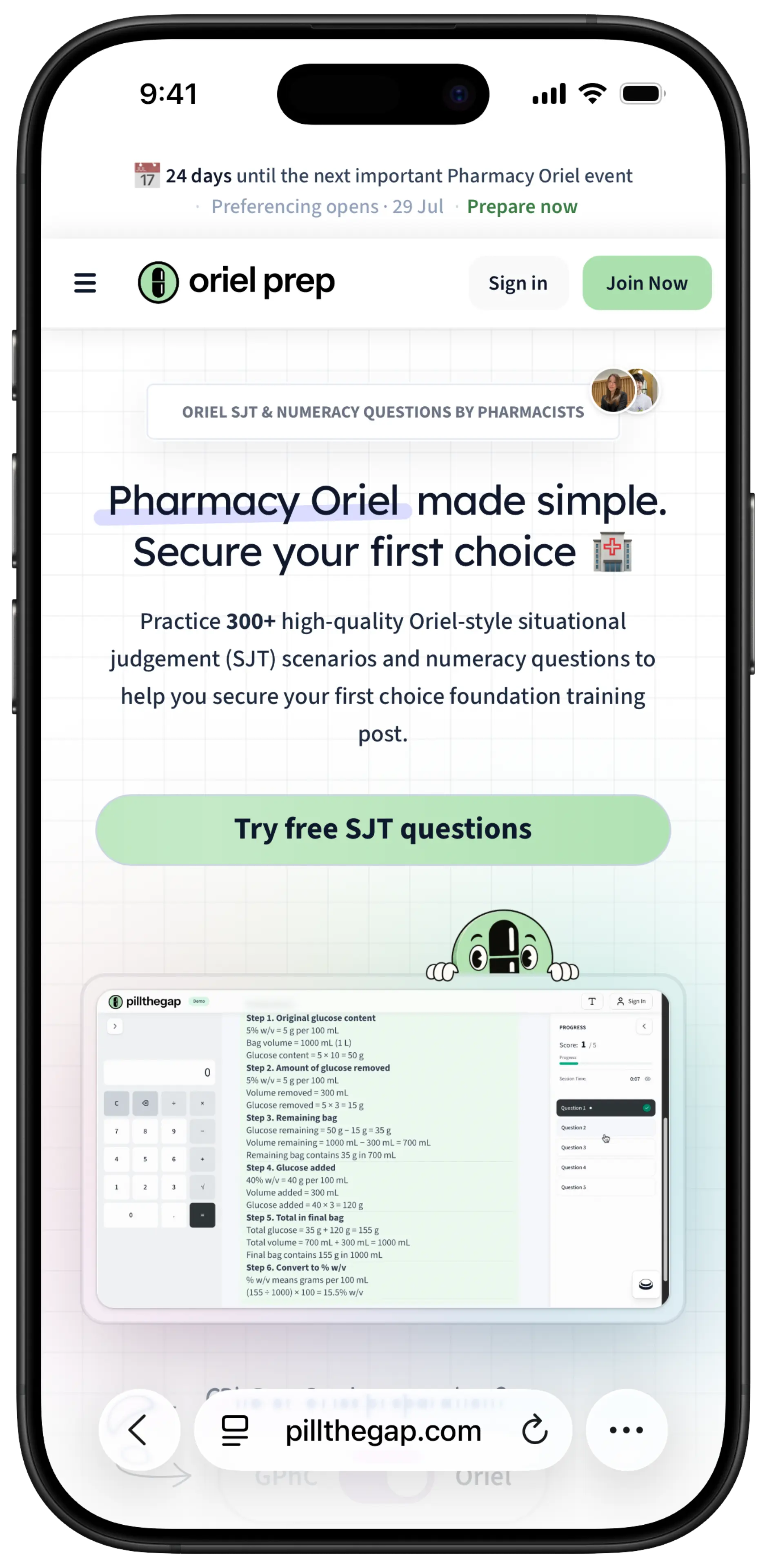 PillTheGap Oriel mobile landing page