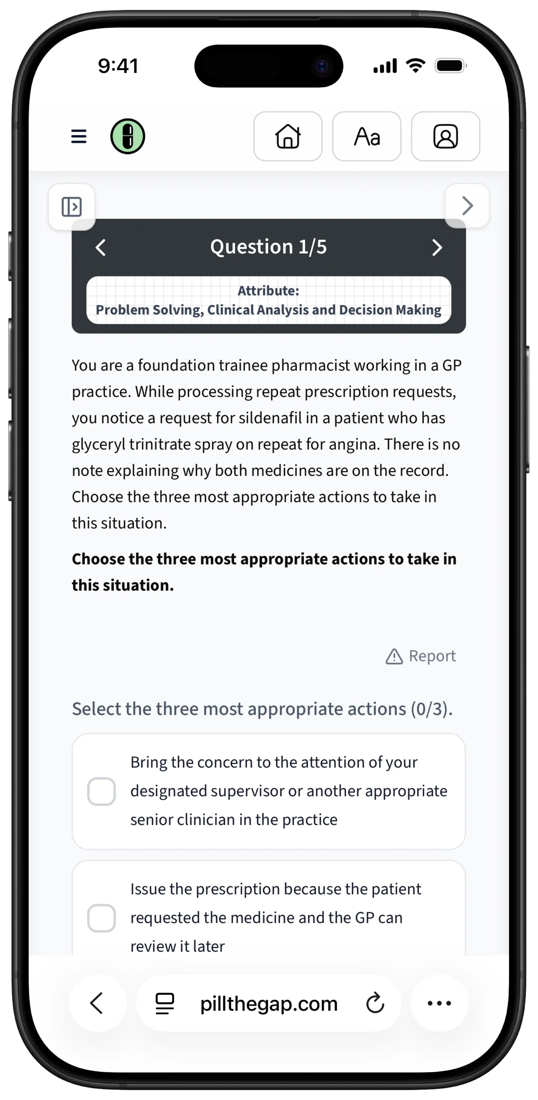 PillTheGap Oriel practice mode selection